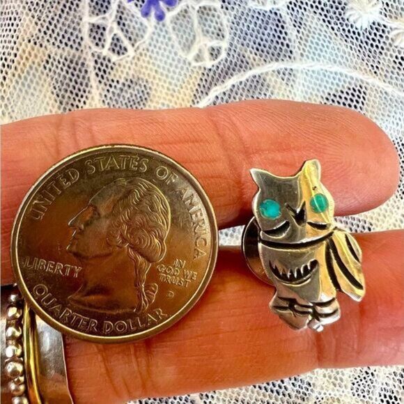 Vintage Sterling Owl Tie Tac Pin with Turquoise Inlay Eyes Unisex - Picture 9 of 10